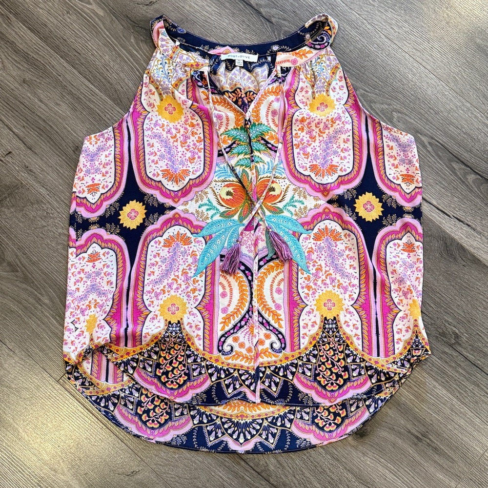 💚Rose & Olive Multicolor Pink Paisley Blouse casual sleeveless office wear Chic